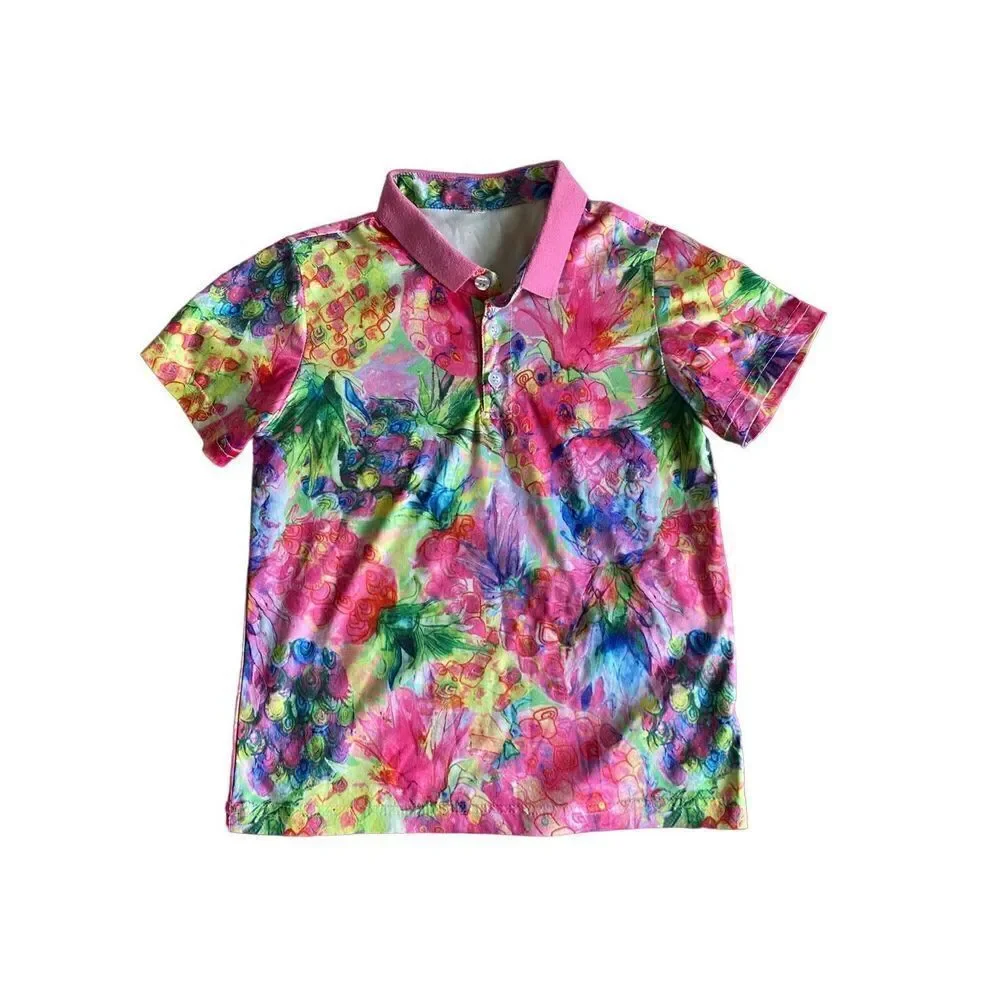 Boys, children’s multicolored pink polo shirt, short sleeve size 6/7 ￼